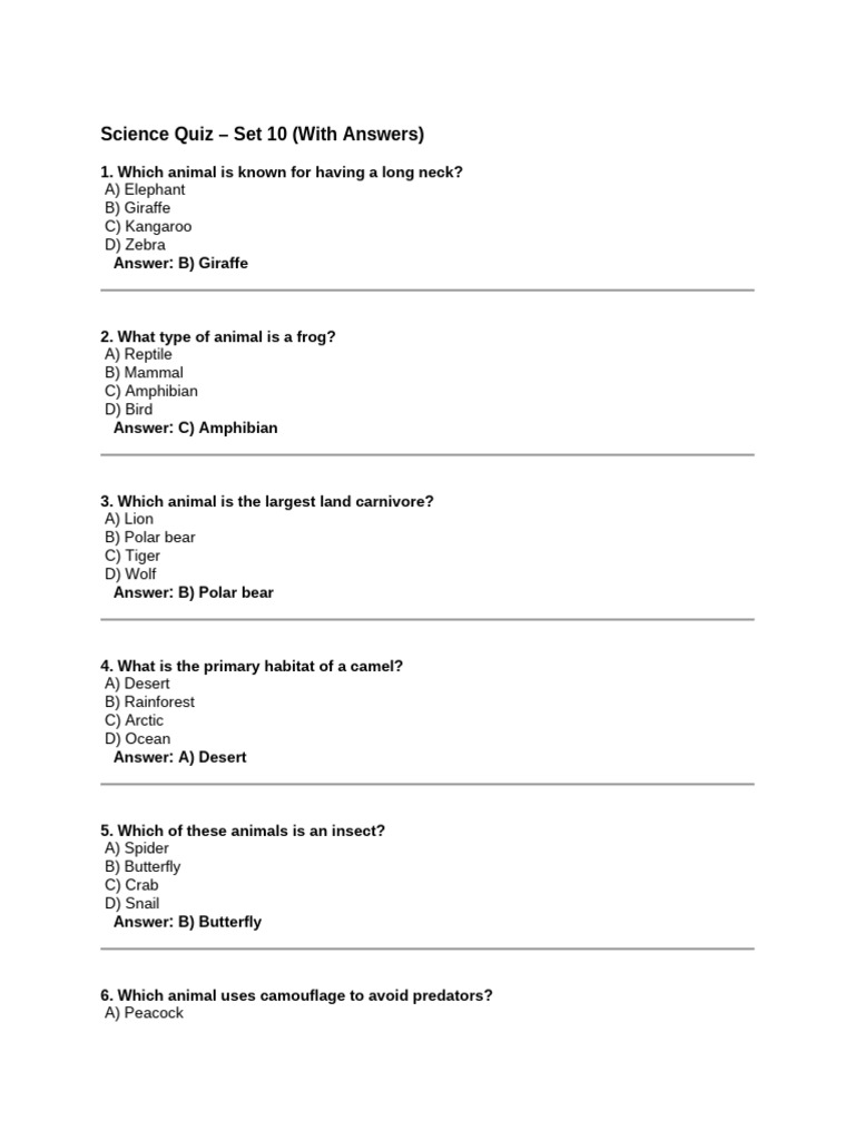 Science Quiz - Set 10 (With Answers) | PDF