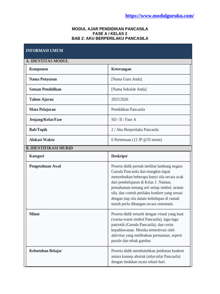 Modul Ajar Pendidikan Pancasila Kelas 2 Bab 2 (Modulguruku - Com) | PDF