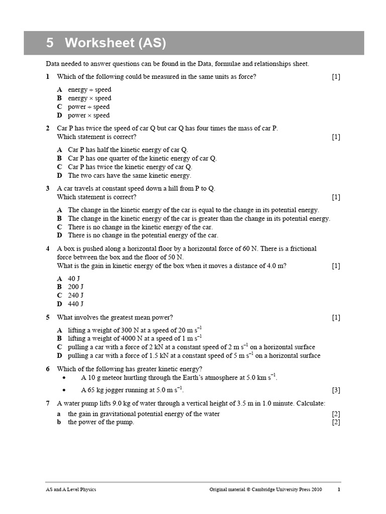 AS Level Physics Worksheet Questions | PDF | Force | Mass