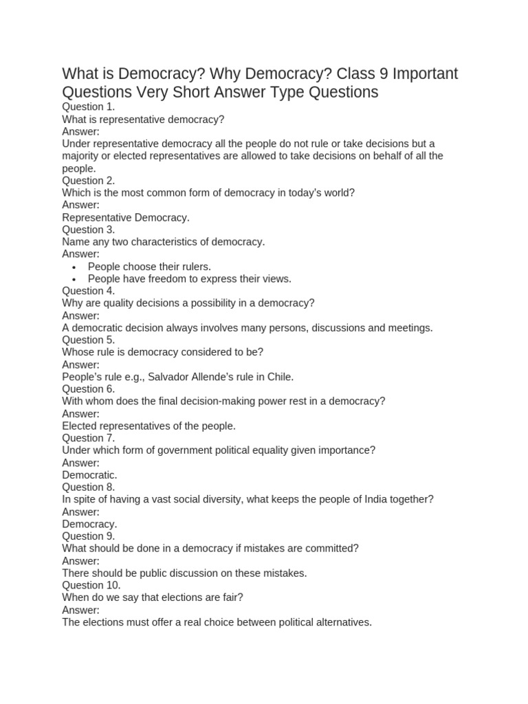 09 Class9 Social Democracy Important Question Answers | PDF | Democracy ...