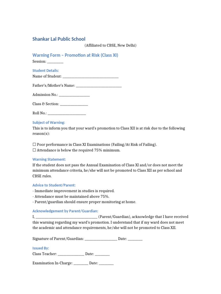 Class XI Promotion Warning Form | PDF
