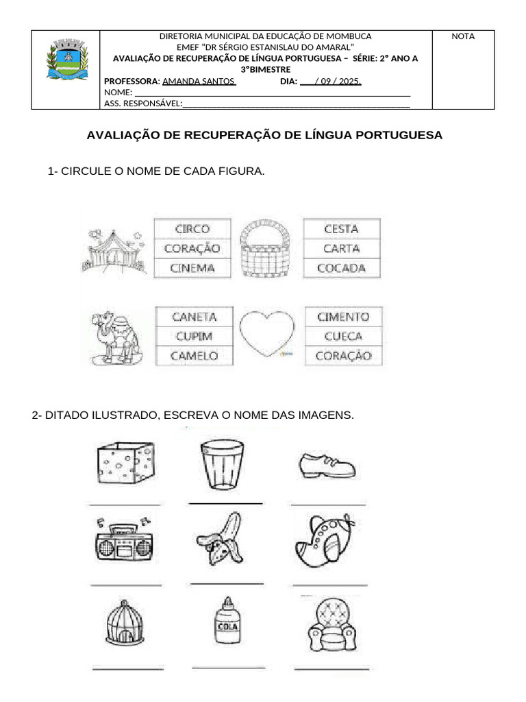 Avaliação de Língua Portuguesa - 2º Ano A | PDF