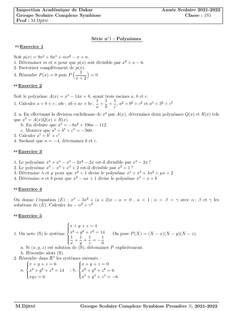 Exercices de Polynômes - Classe 1S1 | PDF | Zéro d'une fonction | Polynôme