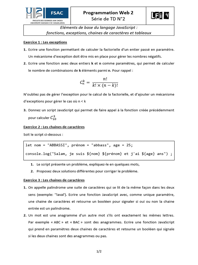 Exercices JavaScript : Fonctions et Tableaux | PDF | Ingénierie ...