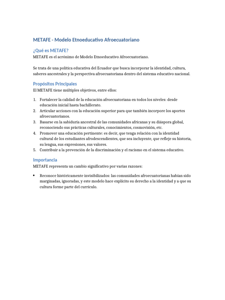 Modelo Etnoeducativo Afroecuatoriano: METAFE | PDF