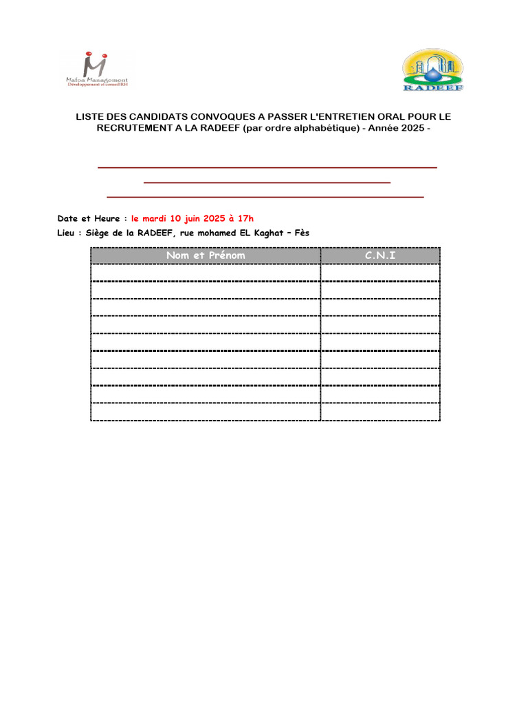 Liste des candidats entretien RADEEF 2025 | PDF