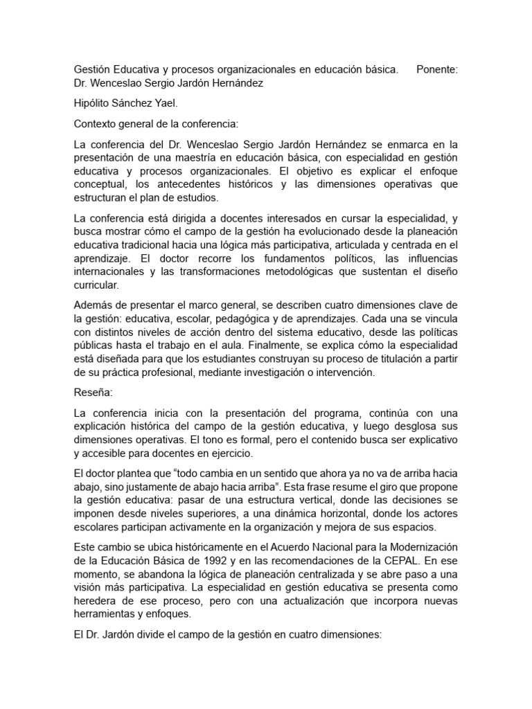 Gestión Educativa y Procesos Organizacionales en Educación Básica | PDF ...