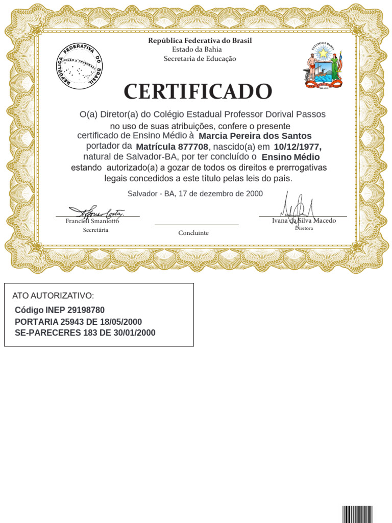 Certificado de Conclusão do Ensino Médio | PDF