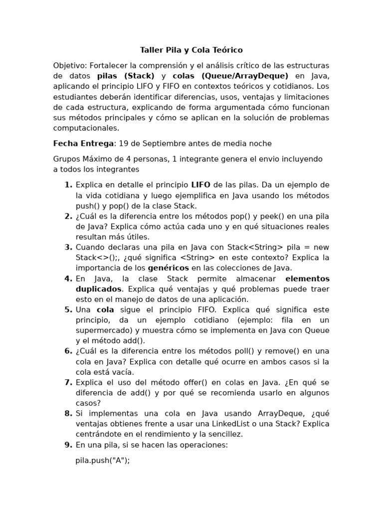 Taller sobre Pilas y Colas en Java | PDF | Cola (tipo de datos ...