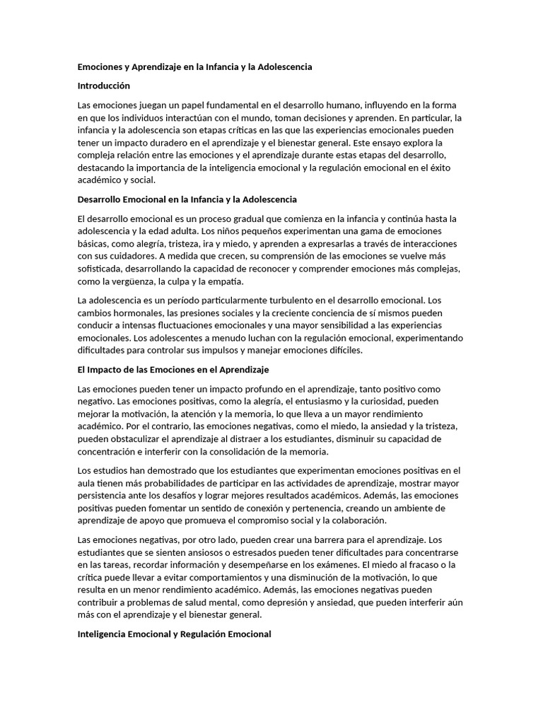 Emociones y Aprendizaje en Niños y Adolescentes | PDF | Las emociones ...