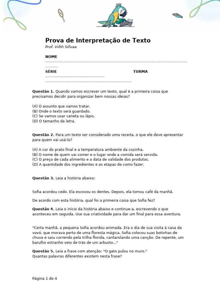 Prova de Interpretação de Texto Infantil | PDF | Gatos