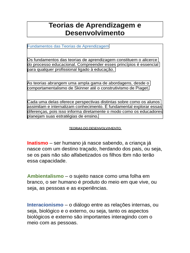Teorias de Aprendizagem e Desenvolvimento | PDF | Aprendizado ...