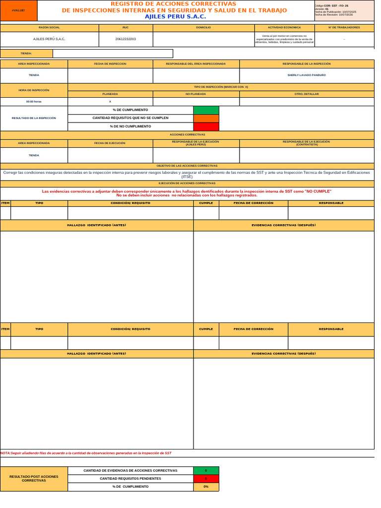 Inspección de SST en Ajiles Perú S.A.C. | PDF