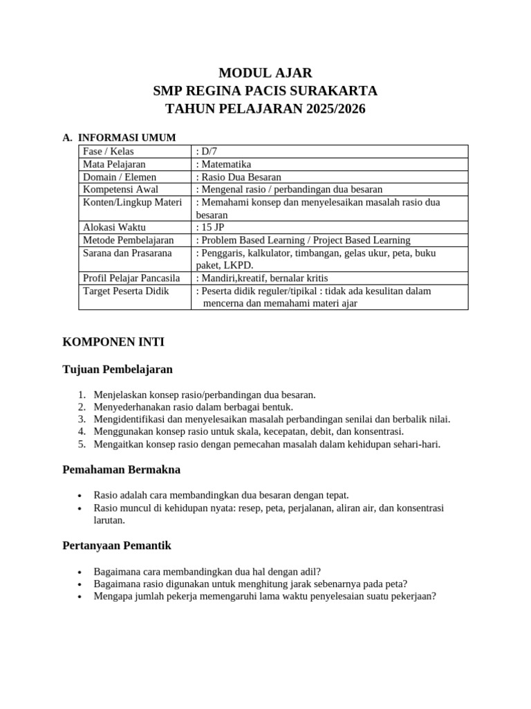 Modul Ajar Matematika Rasio SMP 2025 | PDF