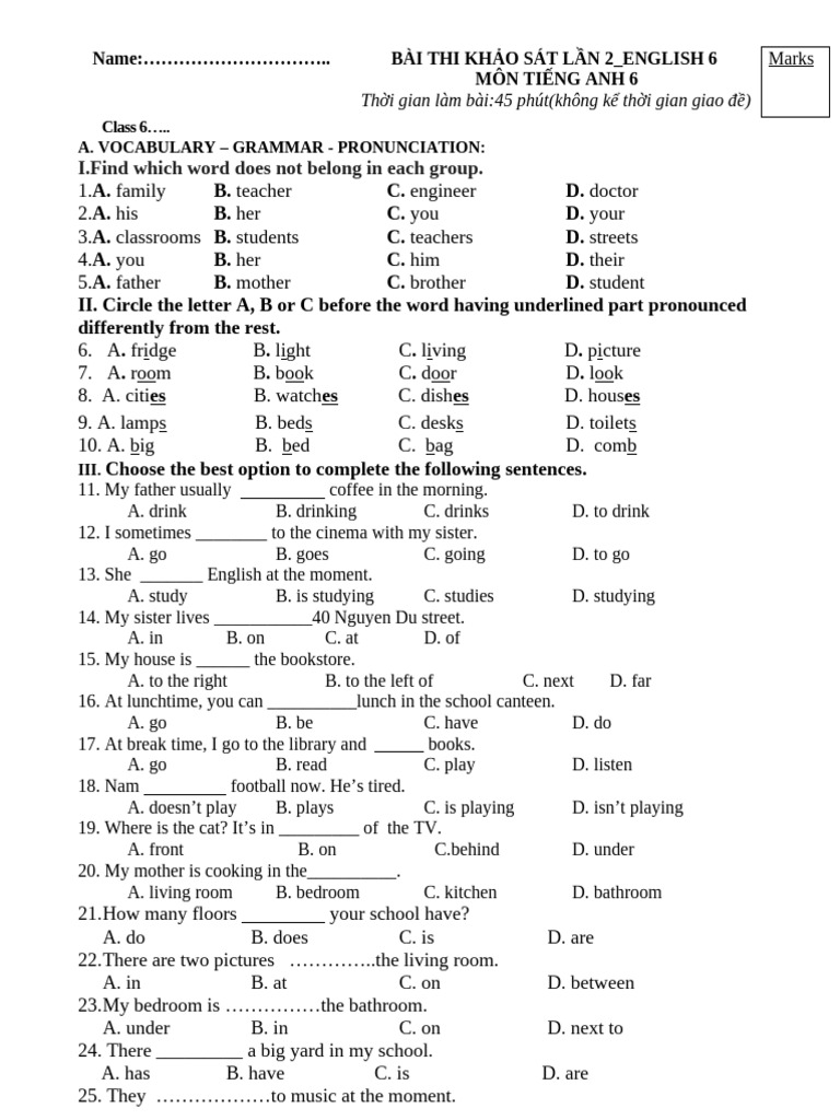 English Test for Grade 6 Students | PDF