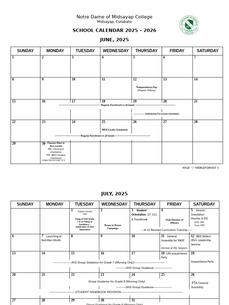 Notre Dame School Calendar 2025-2026 | PDF | Middle Schools | Schools