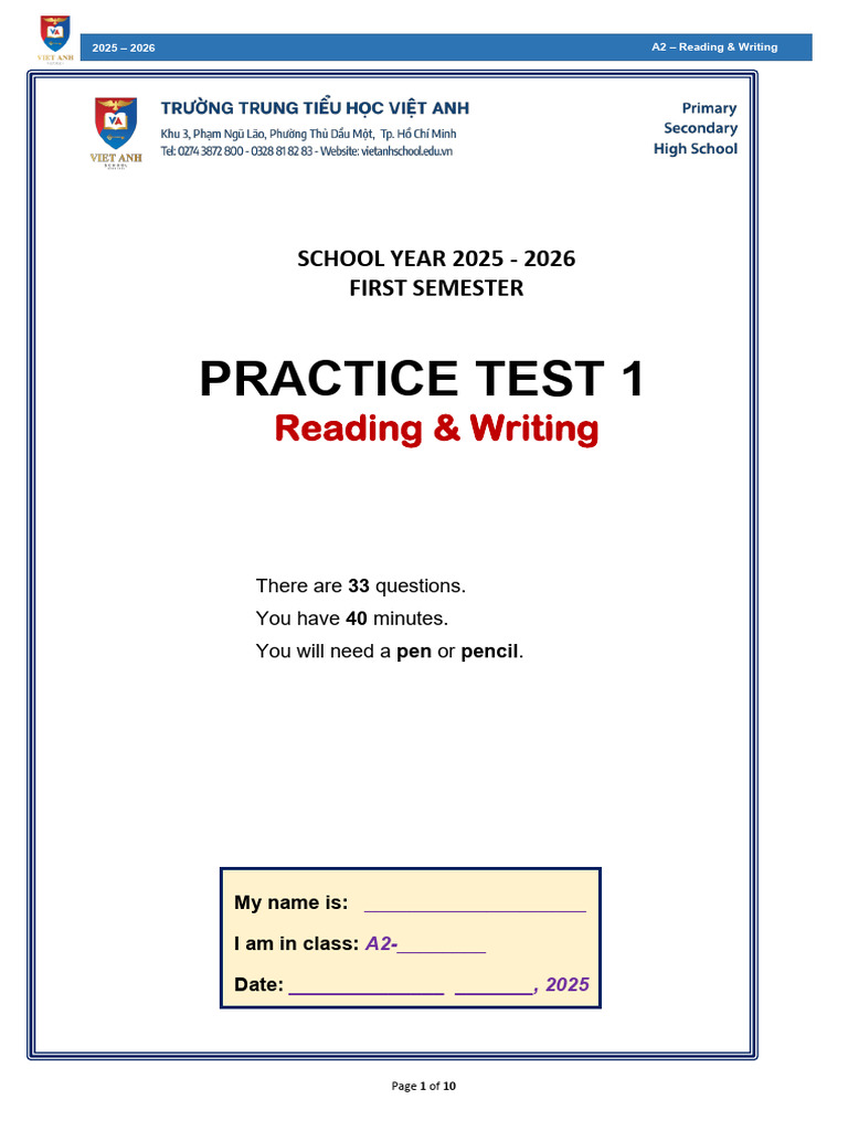 A2 Reading & Writing Practice Test 2025 | PDF