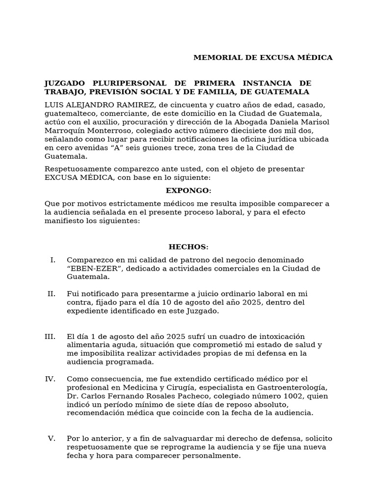Excusa Médica para Audiencia Laboral | PDF | Guatemala | Justicia