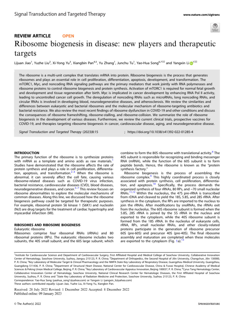 Ribosome Biogenesis in Disease - New Players and Therapeutic Targets ...
