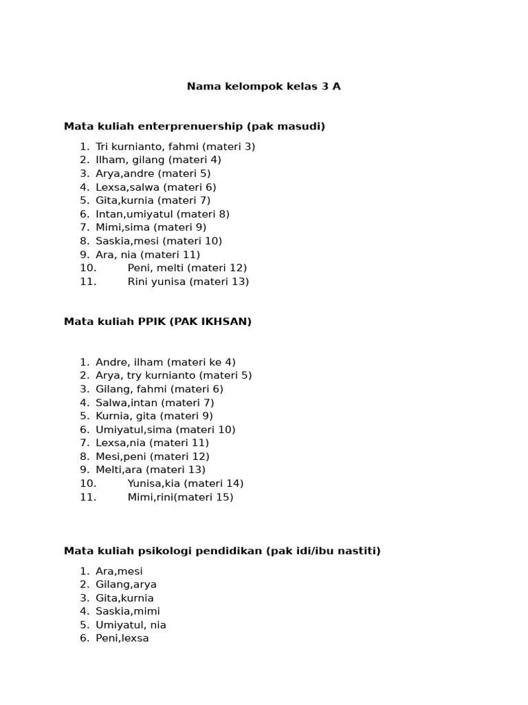 Daftar Anggota Kelas 3A dan Mata Kuliah | PDF