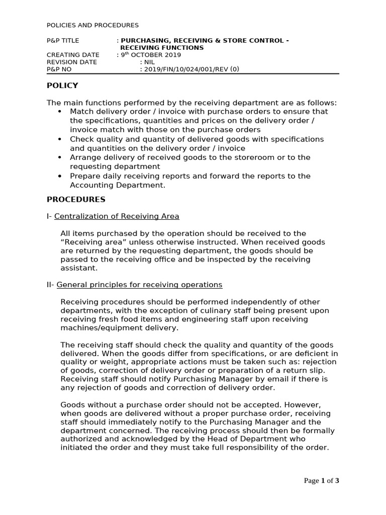 Receiving Procedures and Policies Guide | PDF | Business