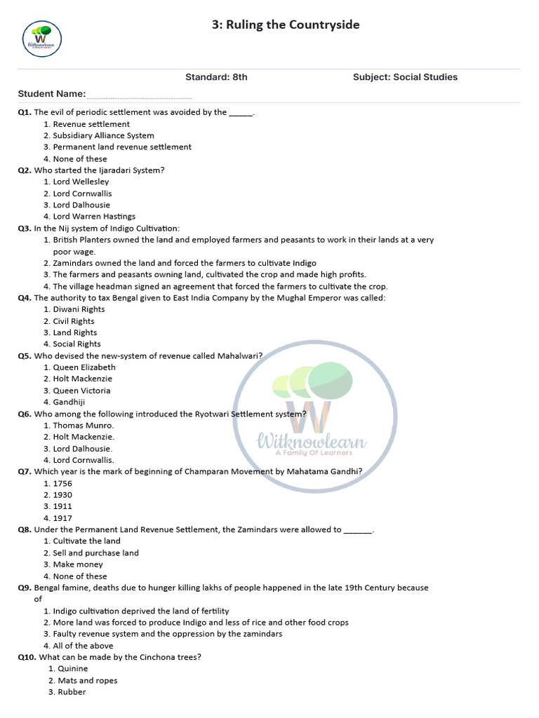 Class 8 MCQs on Ruling the Countryside | PDF | Plantation