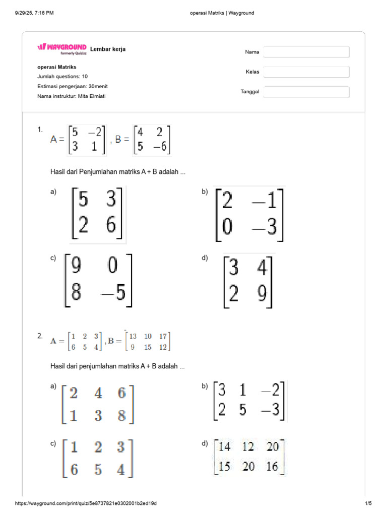 Operasi Matriks - Wayground | PDF