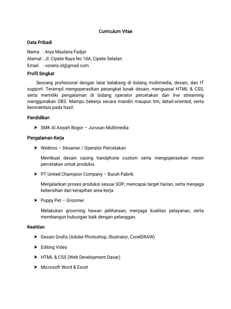 CV Arya Maulana Fadjar: Desain & IT | PDF