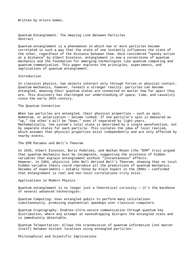 Quantom Engatlement Research Paper Physics College | PDF | Quantum ...
