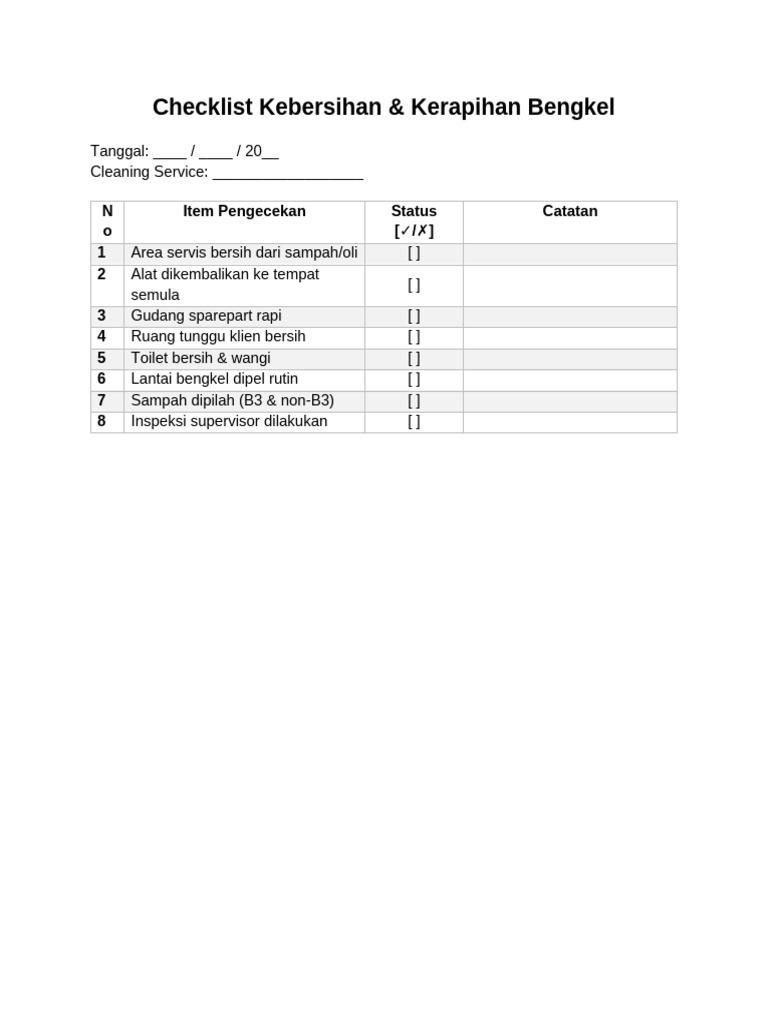 Checklist Kebersihan & Kerapihan Bengkel | PDF