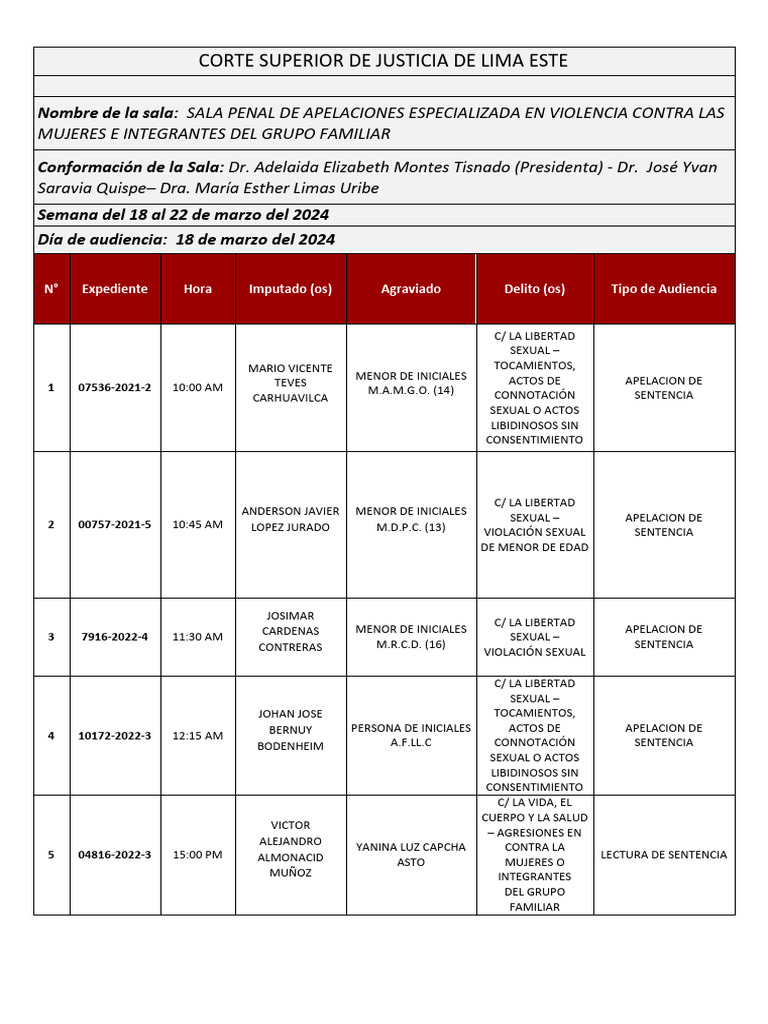 Audiencias de Violencia Familiar 2024 | PDF | Violación | Crimen y ...