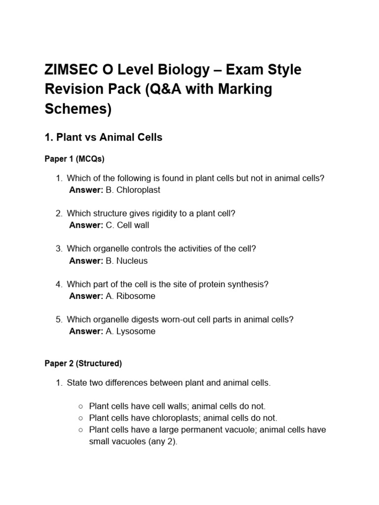 ZIMSEC O Level Biology Revision Notes | PDF | Cell (Biology ...