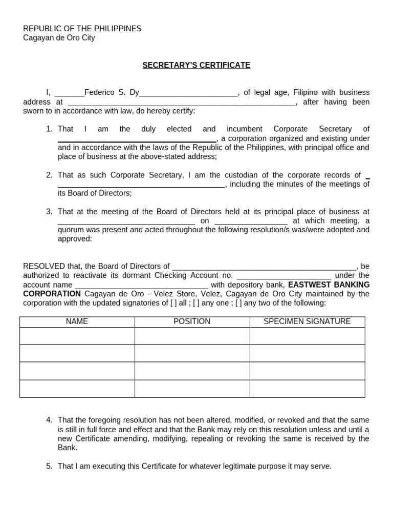 Secretary's Certificate for Bank Reactivation | PDF | Government