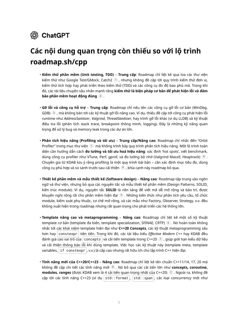 Các nội dung quan trọng còn thiếu so với lộ trình roadmap.sh - cpp | PDF