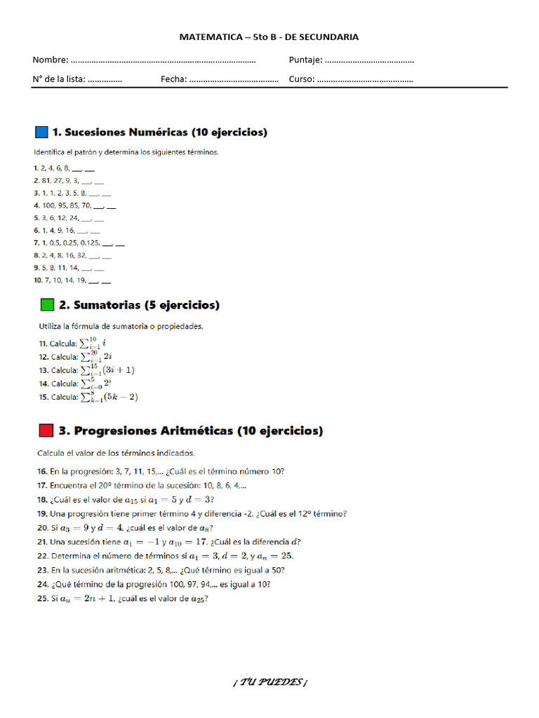 50 Ejercicios Progresiones para 5to B | PDF