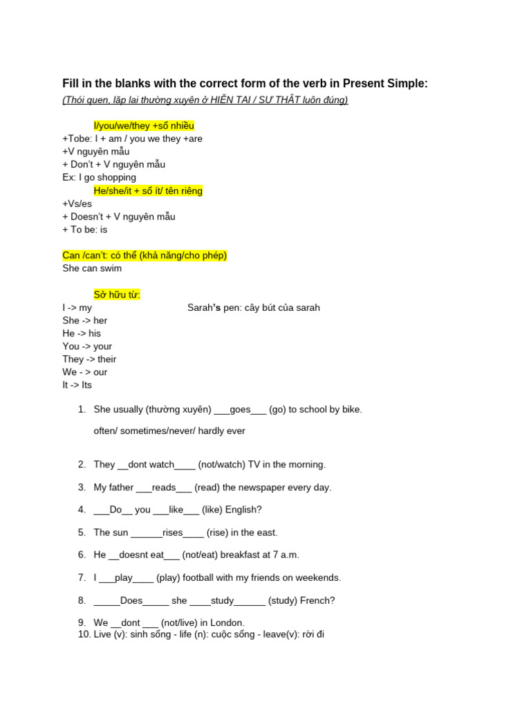 Present Simple Verb Exercises | PDF