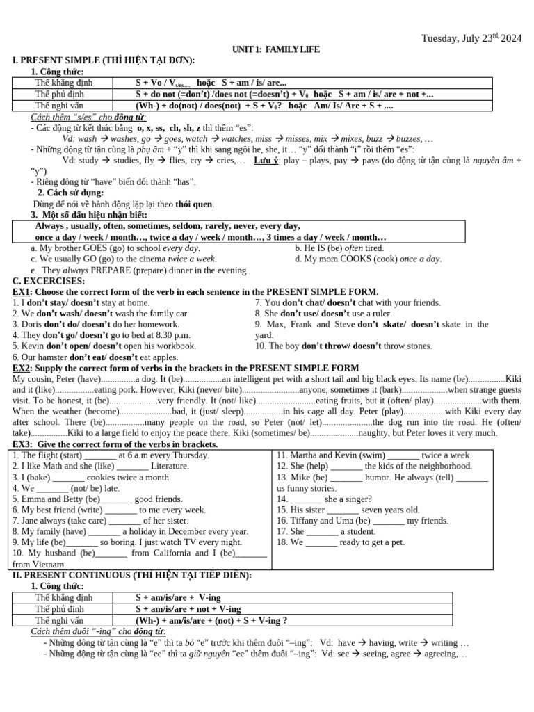 Present Simple and Continuous Overview | PDF | Family | Living Arrangements