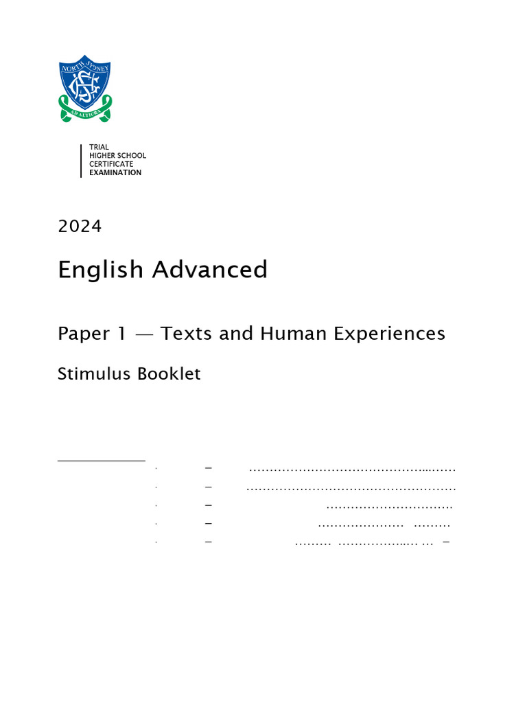 NSG Year 12 English Advanced Trial HSC Exam 2024 - Paper 1 Stimulus ...