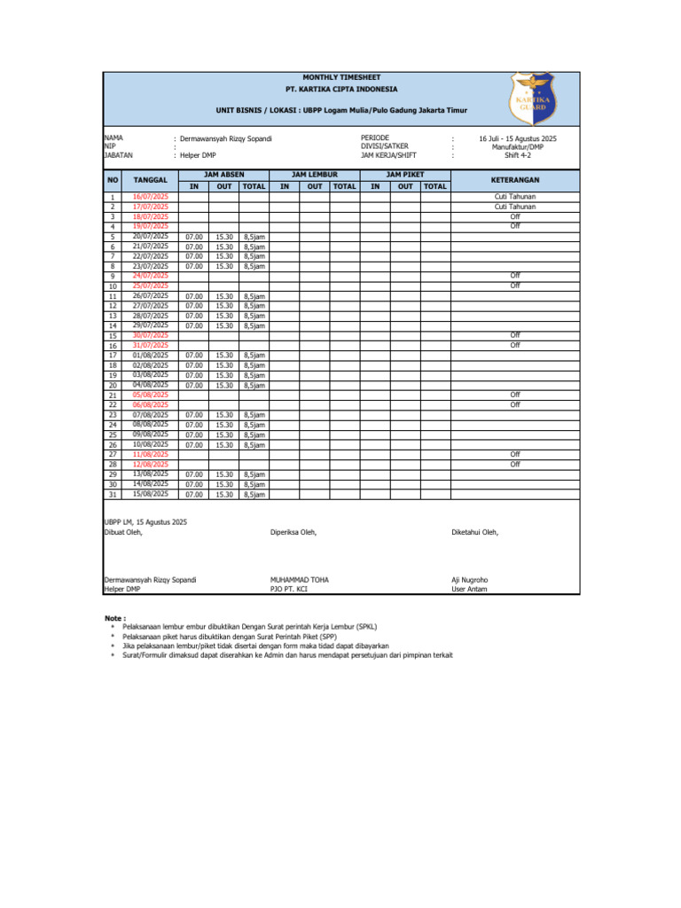 Timesheet Bulanan Helper DMP 2025 | PDF