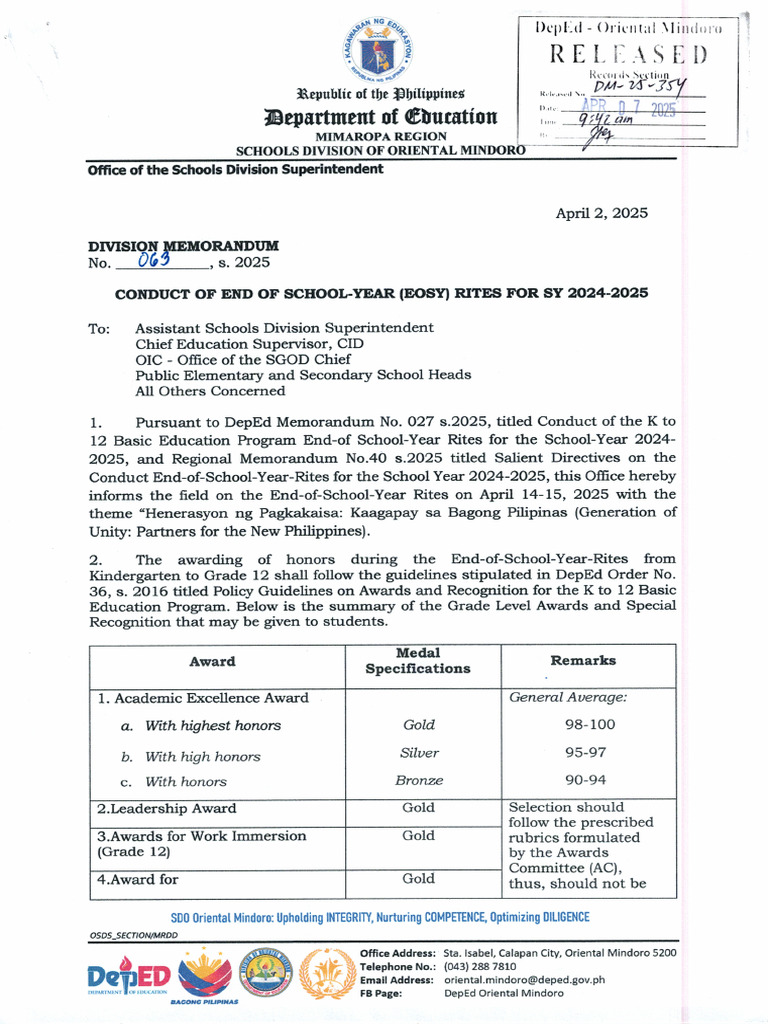 DM063 Conduct of End of School Year (EOSY) Rites For SY 2024-2025 | PDF