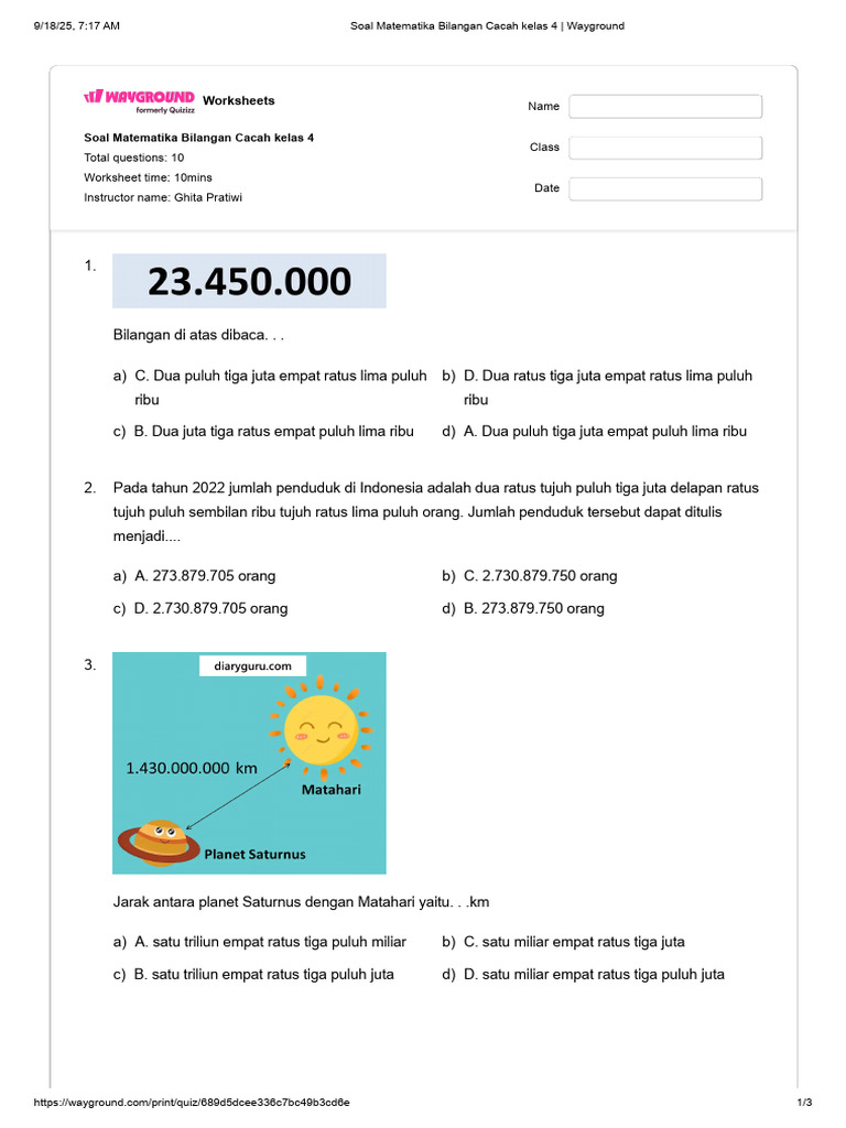 Soal Matematika Bilangan Cacah Kelas 4 | PDF