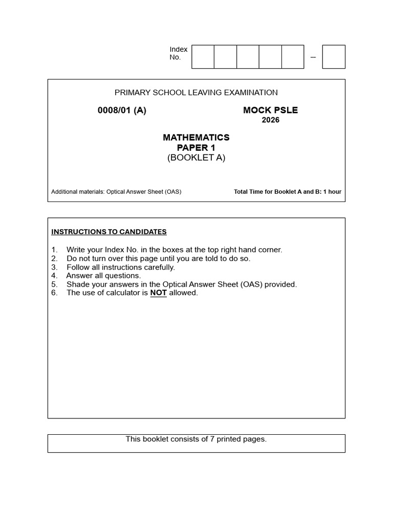 Mock PSLE 2026 Mathematics Paper 1 | PDF | Area | Elementary Geometry