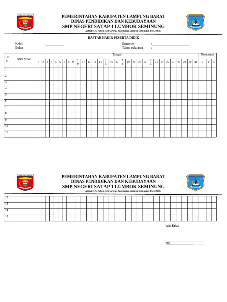 Absen Hadir Siswa Kelas | PDF