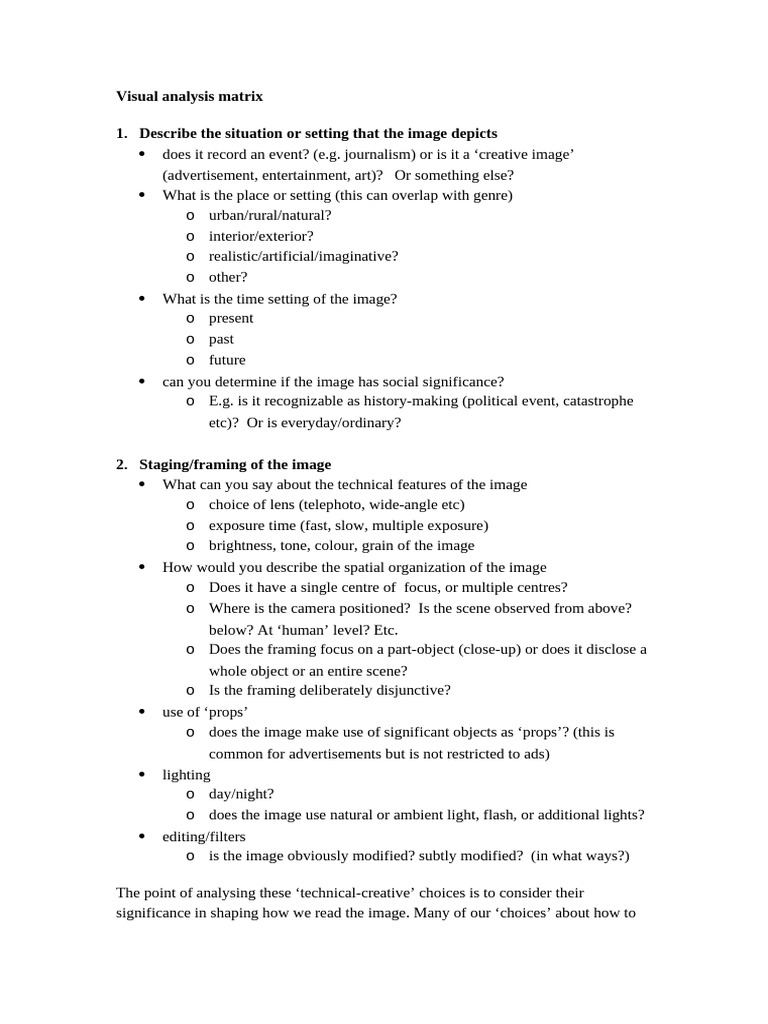 Visual Analysis Techniques Matrix | PDF | Image | Imaging