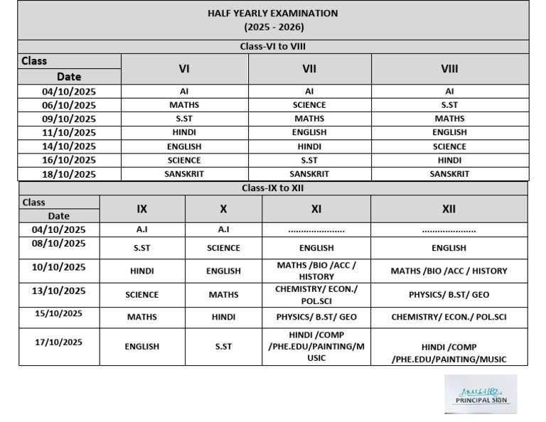 2025-2026 Half Yearly Exam Schedule | PDF
