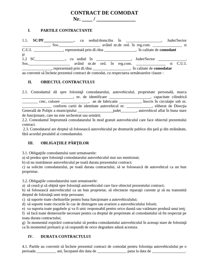 Contract de Comodat Auto Model | PDF