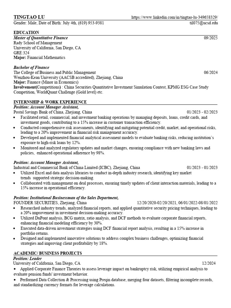 CV - Tingtao Lu | PDF | Banks | Investing