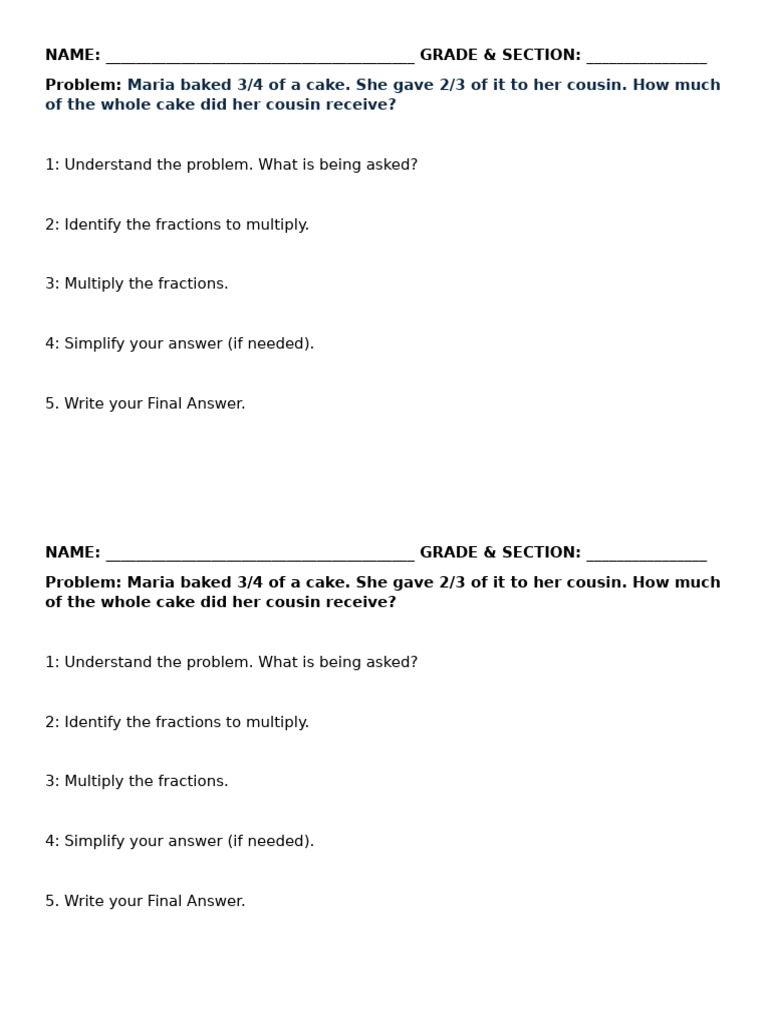 Cake Fraction Problem Worksheet | PDF