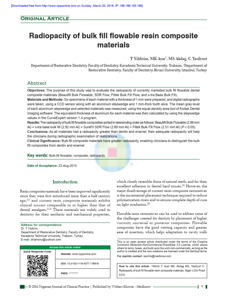 Radiopacity of Bulk Fill Composites | PDF | Dental Composite ...