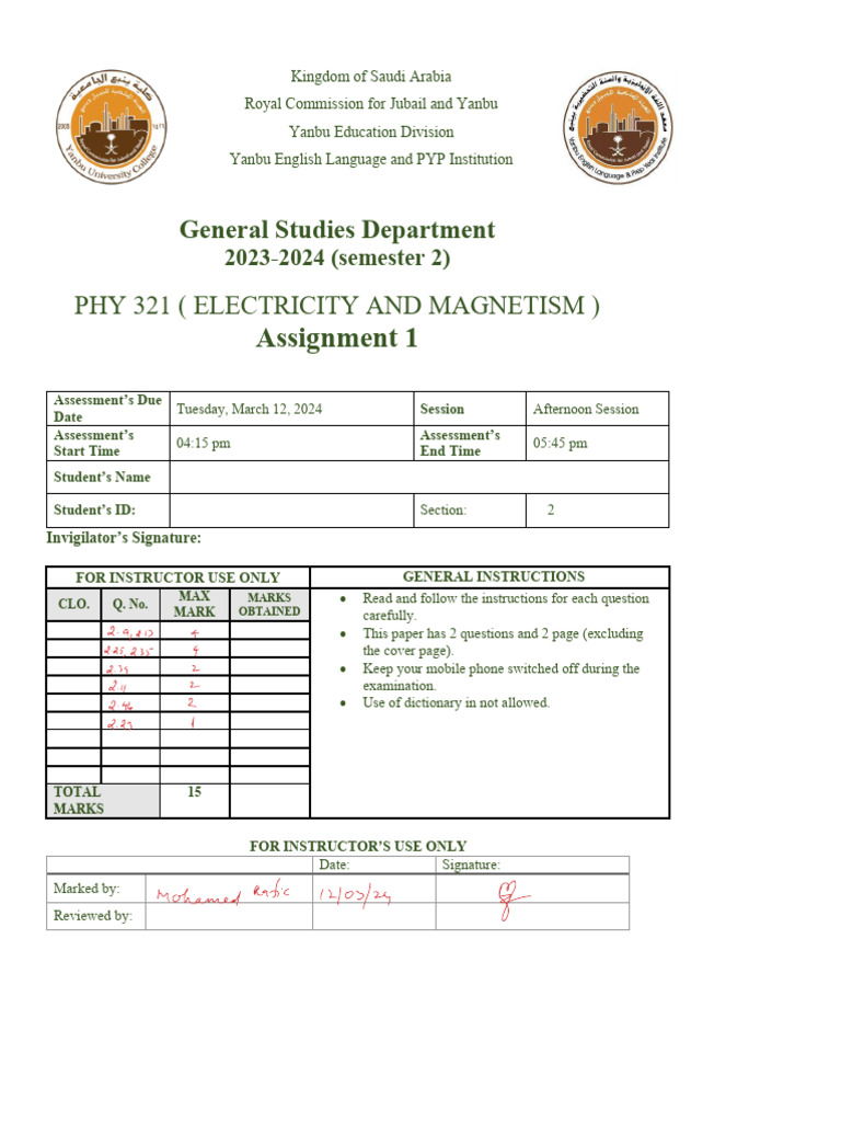 PHY 321 Electricity and Magnetism Assignment | PDF